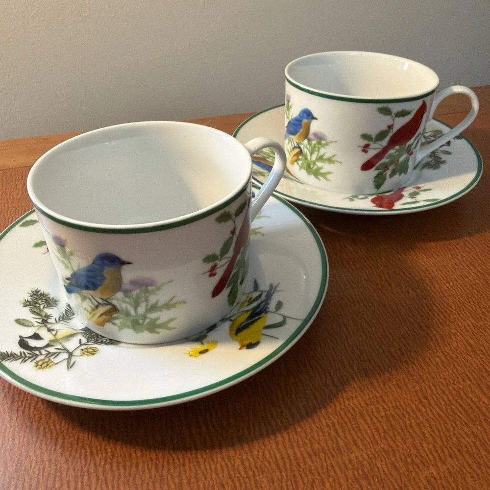 2 National Wildlife Federation‎ Cup Saucer Songbirds Bluebird Cardinal Birds +